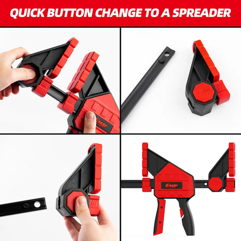 Heavy Duty Twenty Four Inch Bar Clamps Set With Five Hundred Fifty Pound Rock Solid Grip For Woodworking And Carpentry No Sweat One Handed Quick Change Spreader Tool For Diy Workshop Gear, showing quick button change to a spreader.