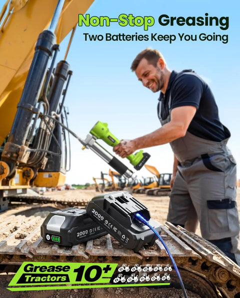Lock On Trigger Cordless Electric Grease Gun Workhorse Kit with 40 inch hose and LED light, used on heavy machinery