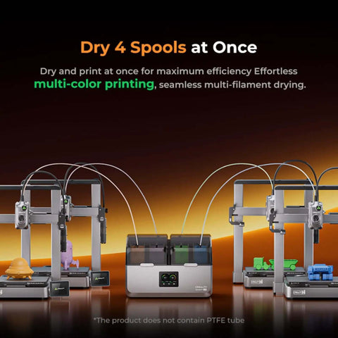 Four Spool Filament Dryer Box With Dual Heating Chambers And 200W PTC Rapid Heater front view with four 3D printers