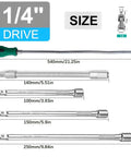 Go To 1/4 Inch Ratchet Socket Set 20 Piece With Extension Bar And Magnetic Pickup Tool, size guide and chrome extension bars