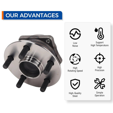 Two Piece Rear Wheel Hub Bearing Assembly Kit For 2003 Through 2008 Pontiac Vibe 2000 Through 2005 Toyota Celica And 2003 Through 2008 Corolla Matrix FWD Non ABS Reliable OE Quality Hubs With Durable Bearings Ready To Install shown with features like low noise and high-quality steel.