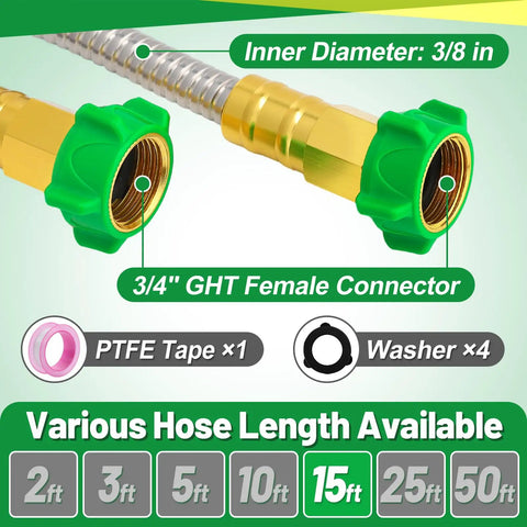 Beefy Heavy Duty 304 Stainless Steel Construction Double Female Hose Connector close-up with specifications and accessories