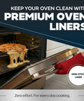 Open oven with pizza drips on nonstick oven protector mat for any oven, heavy duty oven rack liner, trim to fit 16.5 by 23 inches.