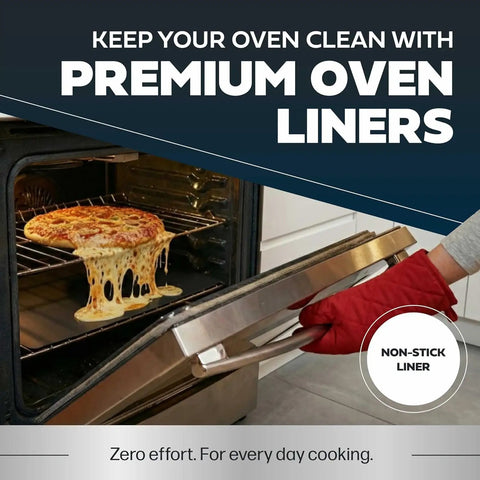 Open oven with pizza drips on nonstick oven protector mat for any oven, heavy duty oven rack liner, trim to fit 16.5 by 23 inches.