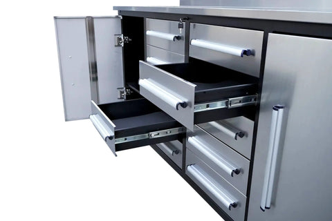 Heavy Duty Steel Tool Cabinet With Ten Locking Drawers And Non Slip Liners Workhorse Grade Workbench Station showing open drawers.