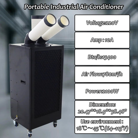Beat The Sweat Heavy Duty Portable Air Conditioner 15400 BTU with dual vents for warehouses and workshops.