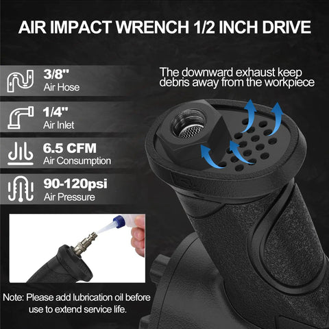 Heavy Duty 1/2 Inch Air Impact Wrench With 1500 Ft-Lbs Torque, 8000 RPM, 1/2 Drive, downward exhaust detail
