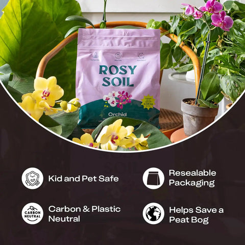Orchid Potting Mix With Superior Aeration And Drainage For Thriving Orchids Peat Free Microbially Active Biochar Powered Soil For Orchid Plants Ideal For Indoor Gardening 4 Quarts bag in garden setting with orchids