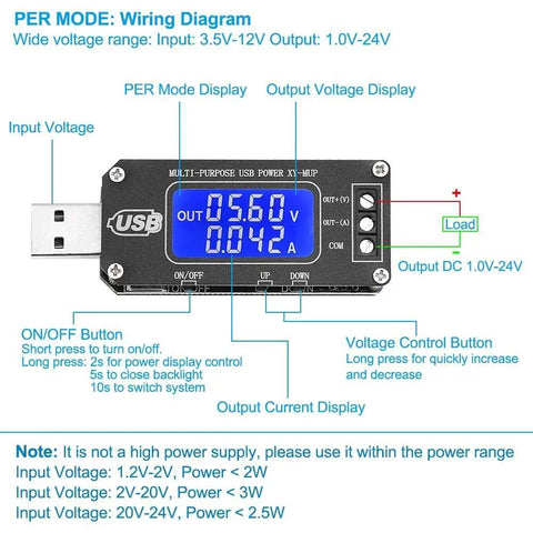 USB DC-DC Step Up Down GoTo Power Regulator Module with digital display and wiring diagram, showing voltage controls and input/output ports.