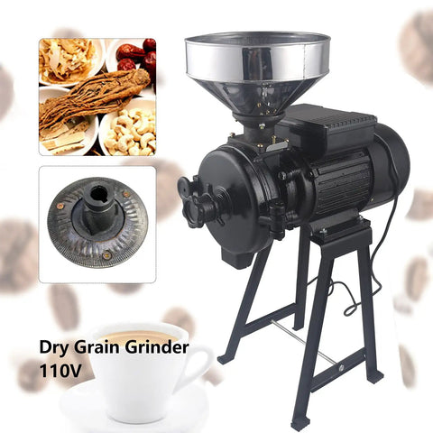 Heavy Duty Electric Grain Mill Dry Grinder For Corn And Wheat 110V 3000W with funnel and cast iron build, shown with grains.