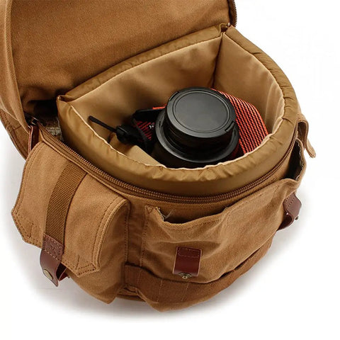 Open All Weather Large Capacity Camera Video Bag For Photographers showing padded compartments with camera inside