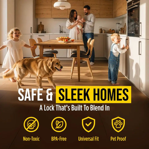 Family with children and dog in kitchen using No Drill Needed Cabinet Locks For Baby Proofing 10 Pack Invisible Adhesive Latches.