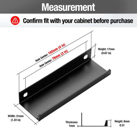 Measurement diagram of 6 Pack Finger Pulls For Cabinets With 76mm Hole Center And 102mm Overall Length Black Edge Pulls
