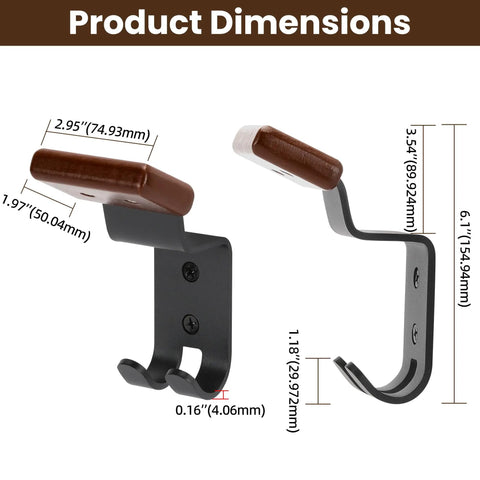 Dimensions of Heavy Duty Helmet Wall Mount And Gear Organizer Rack with wood and steel hooks, size details highlighted.