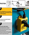 SenCTRL automatic vacuum switch for tools; yellow inline control connected to outlet and vacuum for auto start/stop