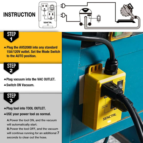 SenCTRL automatic vacuum switch for tools; yellow inline control connected to outlet and vacuum for auto start/stop