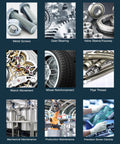 Automotive parts collage: screws, gears, bearings, valve sleeves, wheels, pipe threads, maintenance, circuit board