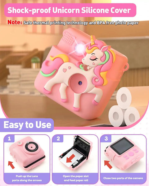Kids Instant Print Camera Awesome Toy, 1080P HD Digital Camera For Girls Ages 3-8, 8MP Photos And Instant Black And White Prints, Easy Beginner Camera For Creative Play And School Projects. Pink unicorn silicone kids instant print camera with paper rolls