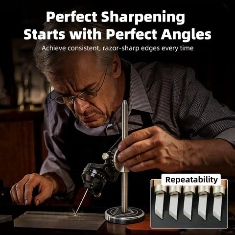 Person using Pro Grade Engraving And Sharpening Angle Guide With Dual Gauge for precise sharpening in workshop.