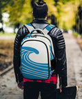 Unisex Minimal Wave Art Backpack In Cobalt Blue on person walking through park, large capacity daypack with art print, sturdy build
