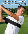 Golfer using Golf Swing Arm Band Training Aid For Correct Posture And Smooth Swing Plane on grassy course.