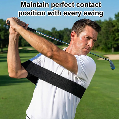 Golfer using Golf Swing Arm Band Training Aid For Correct Posture And Smooth Swing Plane on grassy course.