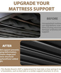 Before and after images showing mattress support improvement with Rock Solid Queen Bunkie Board 57X80 Black Foldable Bed Platform.