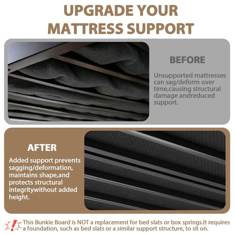 Before and after images showing mattress support improvement with Rock Solid Queen Bunkie Board 57X80 Black Foldable Bed Platform.