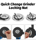Dead On Tough 2Pcs Angle Grinder Flange Locking Nuts 5/8 Inch 11 Thread shown in use with quick change feature.