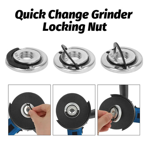 Dead On Tough 2Pcs Angle Grinder Flange Locking Nuts 5/8 Inch 11 Thread shown in use with quick change feature.