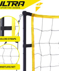 Close-up of All-Purpose Volleyball Net Set with knotless net and velcro straps on steel pole for backyard, beach, or indoor play.