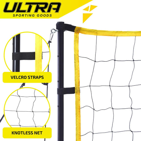 Close-up of All-Purpose Volleyball Net Set with knotless net and velcro straps on steel pole for backyard, beach, or indoor play.
