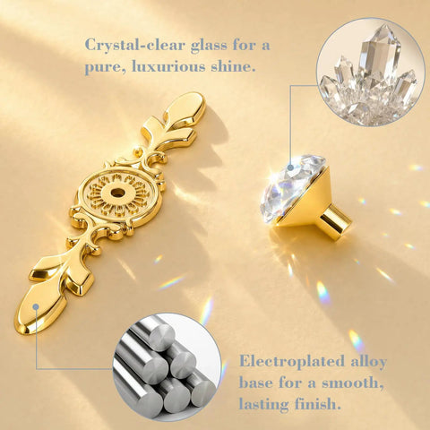 Close-up of Six Pack Gold Crystal Cabinet Knobs With Ornate Backplates 4.5 Inch Decorative Drawer Knobs details against light background