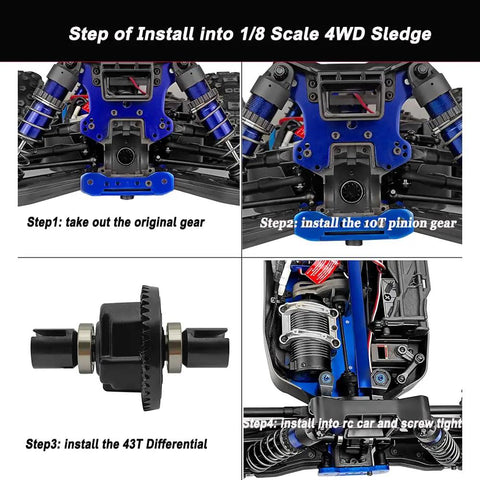 RC Gearbox Differential Gear Set 43T 10T Steel Gears For 1/8 Scale 4WD Sledge Off Road Truck Upgrade Part installation steps