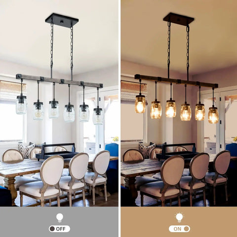 Dining room with Boss Gold Farmhouse Chandelier With Six Lights, Modern Industrial Pendant Lighting, on and off view.