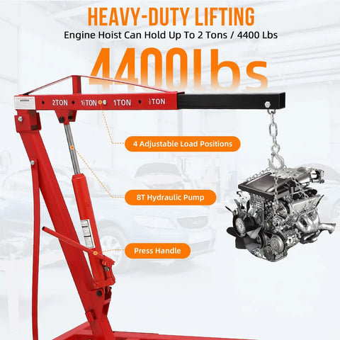 Heavy Duty Hydraulic Engine Hoist And Cherry Picker Shop Rig For Gearheads 2 Ton 4400 LBS Lift Capacity showing adjustable boom and hydraulic pump.