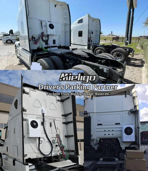 24V Mini Split Air Conditioner with brushless motor installed on a big rig sleeper truck for low noise 45dB fast cooling.