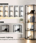 Fancy LED Display Shelf With Dimmable Lights, Modern Floor Lamp Cabinet showcasing adjustable brightness and color temperature settings