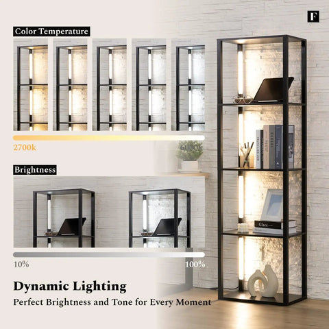 Fancy LED Display Shelf With Dimmable Lights, Modern Floor Lamp Cabinet showcasing adjustable brightness and color temperature settings