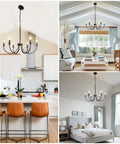 Three images showing a six-light farmhouse chandelier in black iron finish enhancing a kitchen, living room, and bedroom.