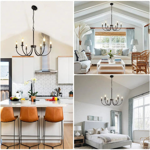 Three images showing a six-light farmhouse chandelier in black iron finish enhancing a kitchen, living room, and bedroom.