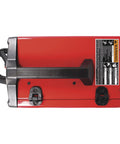 Compact And Portable Mig Welder Perfect For DIY Projects Uses Flux Core Or Mild Steel Easy To Operate At Home With 120 Volt Power on a red metal casing with handle.
