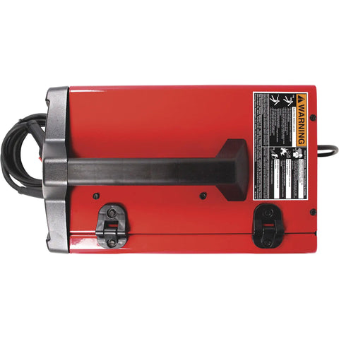 Compact And Portable Mig Welder Perfect For DIY Projects Uses Flux Core Or Mild Steel Easy To Operate At Home With 120 Volt Power on a red metal casing with handle.