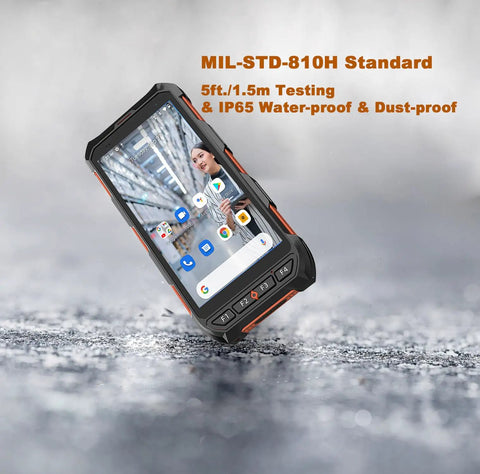 Rugged 5.5 Inch Touchscreen Handheld Barcode Scanner PDA with MIL-STD-810H standard on textured surface, warehouse background