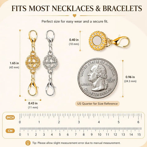 12 Pack Magnetic Necklace Clasp Extenders In Gold And Silver Easy Lobster Closure Converters shown with size measurements