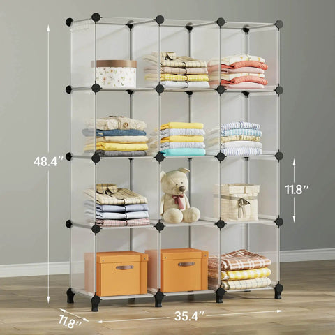 Closet Organizer 12 Cube Storage System With Rubber Mallet Portable Shelves for kids bedroom and office, transparent white 11.8 inch cubes.