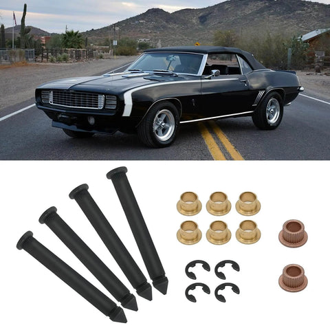 16 Pcs Auto Metal Direct Door Hinge Pin And Bushing Repair Kit Stainless Steel A00031 For Chevrolet Camaro 1967 1968 1969 Nova 1968 To 1979 And Pontiac Firebird 1968 1969 Replacement Fits Classic GM Door Hinge Pins And Bushings; classic Camaro in background