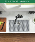 Top view of a kitchen setup with a Silicone Sink Mat 26 By 14 Inches For Farmhouse Stainless Steel And Porcelain Sinks With Rear Drain Workhorse Protector