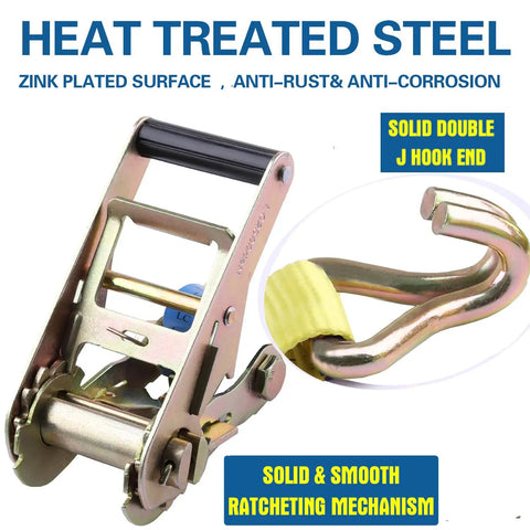 Heat treated steel of Beefy Heavy Duty Ratchet Tie Downs Straps With Double J Hook 2 Inch Wide By 13 Ft Long 10,000 Lbs