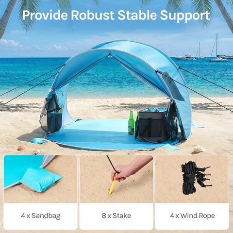 Pop Up Beach Tent Sun Shelter With UPF50+ UV Protection, Instant Easy Setup, 3 Person Capacity, Blue tent on beach with accessories